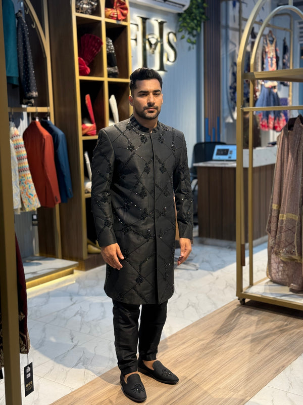 BLACK KOREAN SILK SHERWANI - ONLY SHERWANI