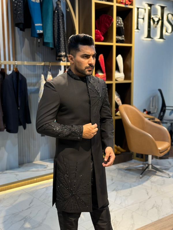 BLACK RAW SILK SHERWANI - ONLY SHERWANI