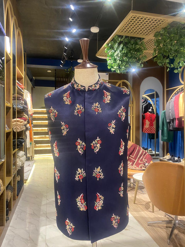 NAVY BLUE FLORAL EMBRIODERY WAISTCOAT - ONE PIECE